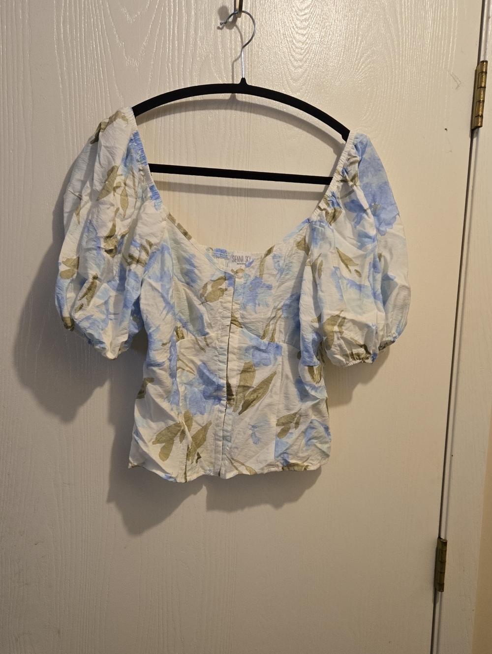 Sienna Sky White Blouse with Blue Floral Print and Puff Sleeves - L5